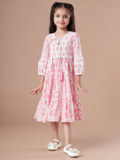 Girls Tiered Floral Print Tie-Up Neck A-Line Midi Cotton Dress